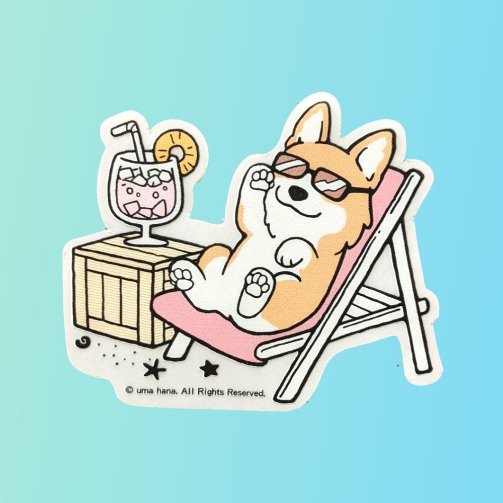 Waterproof Corgi Sticker Beach Relaxing Margarita Puppy